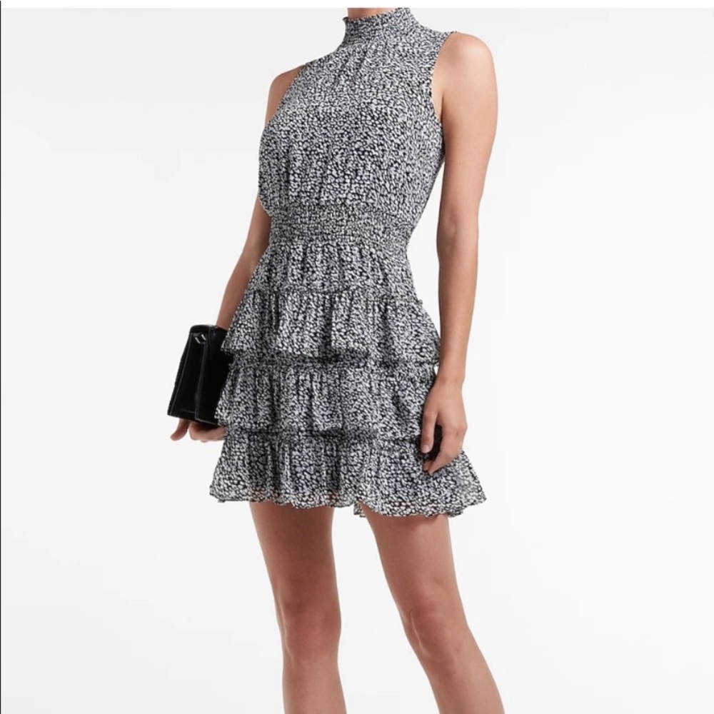 Animal print Smocked Mock Neck Tiered Ruffle Dress
